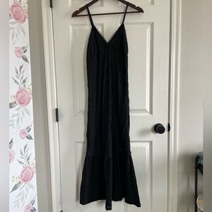 Black Lace Trim Maxi Slip Dress Satin Look Spaghetti Strap Y2K Minimalist Size M